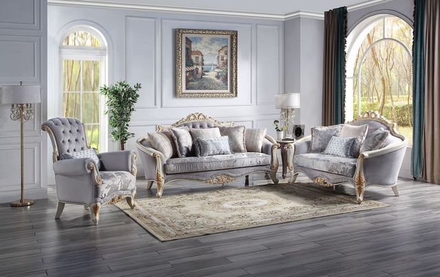 how-to-style-gray-sofas view of a traditional glam living room with a gray sofa, loveseat, and accent chair