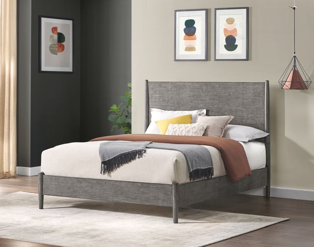 front view of a minimalist modern bedroom with a gray platform bed