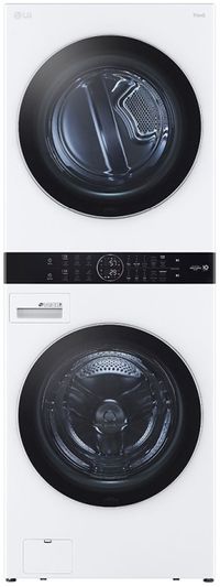 front view of the LG 4.5 Cu. Ft. Washer, 7.4 Cu. Ft. Electric Dryer White Front Load Stack Laundry