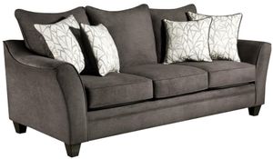 front left view of a gray sofa with three seats and four white patterned pillows on top