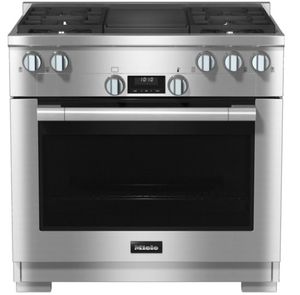 front view of the Miele 36" Clean Touch Steel Pro Style Natural Gas Range