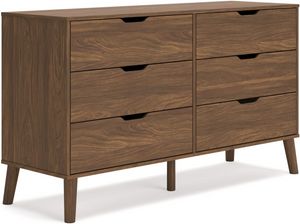 front left view of the Signature Design by Ashley® Fordmont Auburn Dresser, a wood contemporary dresser with six drawers 