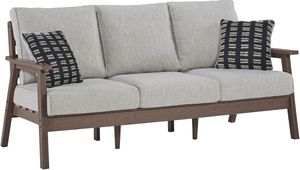 front left view of the Signature Design by Ashley® Emmeline Beige/Brown Outdoor Sofa, a brown plastic sofa with beige cushions