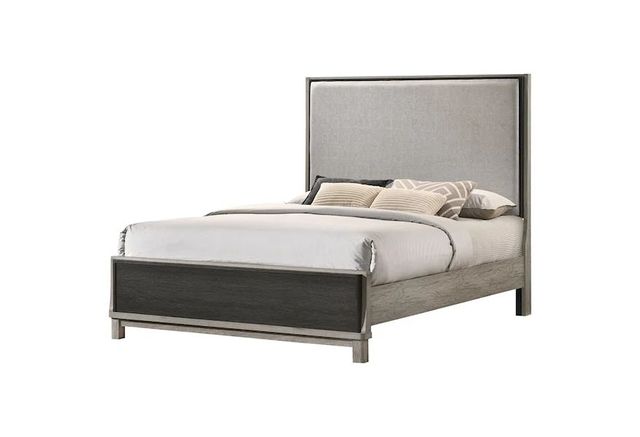 Modern and minimal poster bed frame with grey upholstery, dark grey wood, and a black footboard