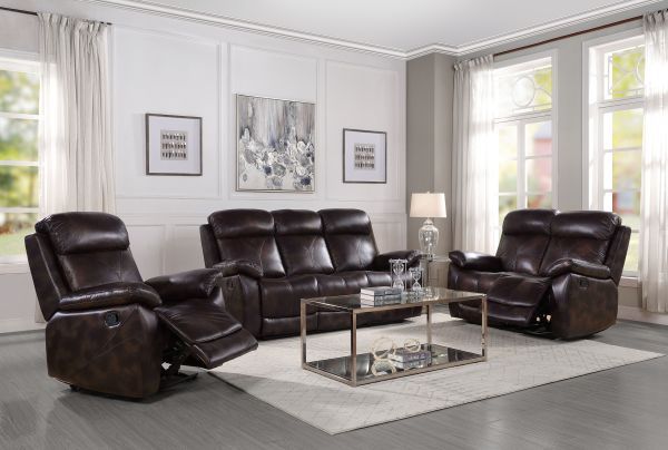 front view of a modern contemporary living room with a manual recliner, sofa, and loveseat