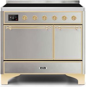 front view of the Ilve Majestic Series 40" Stainless Steel Freestanding Induction Range with gold accents