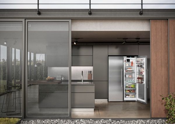 shot from outside an open sliding glass door, looking into a minimalist kitchen with an open side-by-side built in refrigerator