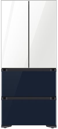 front view of the Samsung 32 in. 17.3 Cu. Ft. White-Navy Glass Smart Kimchi & Specialty French Door Refrigerator