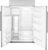 front view of an open Café™ 28.6 Cu. Ft. Stainless Steel Smart Built In Side-by-Side Refrigerator