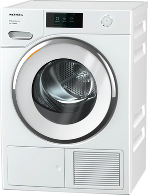 front view of the Miele T1 4.0 Cu. Ft. White Edition Lotus White Heat-Pump Tumble Dryer