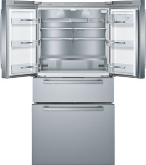 front view of the inside of the Bosch® 800 Series 20.5 Cu. Ft. Stainless Steel Counter Depth French Door Refrigerator
