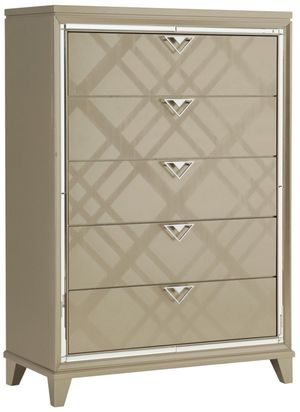 front view of the Homelegance® Bijou Champagne Chest, a beige modern luxury dresser with 5 drawers