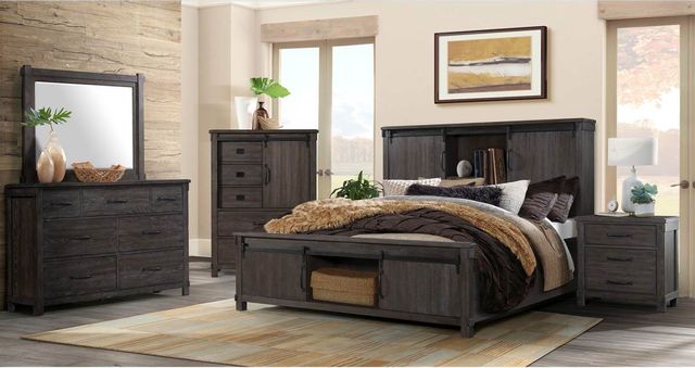 front view of a transitional bedroom with a dark wood storage bed, chest, dresser, and nightstand