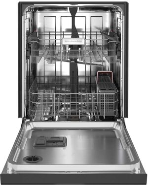Interior tub of a KitchenAid black dishwasher 