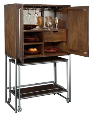 front view of an opened Howard Miller® Medium Brown Bar Cart Wine & Bar Cabinet