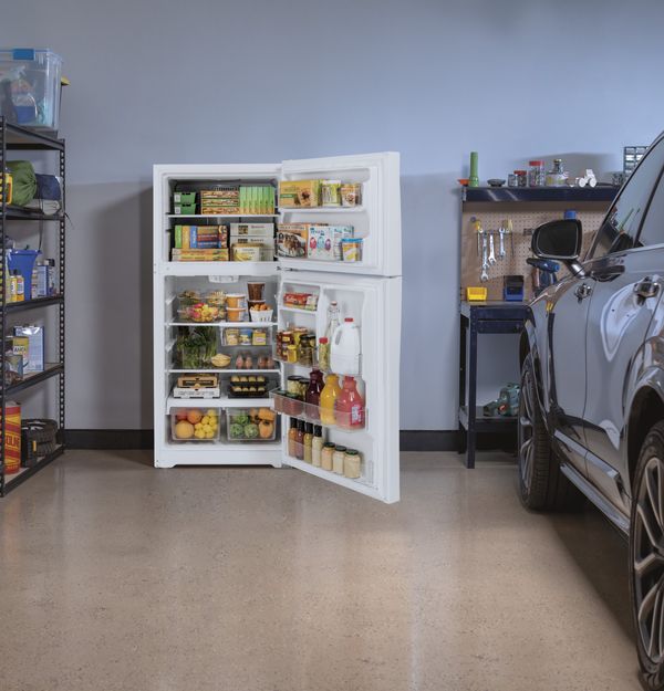 Garage Featuring a GE 30 in. 19.1 Cu. Ft. White Top Freezer Refrigerator