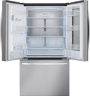 front view of an opened LG 25.5 Cu. Ft. PrintProof™ Stainless Steel Smart InstaView® Counter Depth French Door Refrigerator