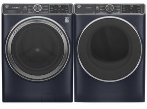 front view of the GE® Sapphire Blue Front Load Laundry Pair