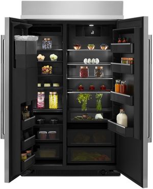 JennAir Rise 48 in. 29.4 Cu. Ft. Stainless Steel Built In Counter Depth Side-by-Side Refrigerator With Doors Open