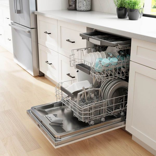 Kitchen Featuring Bosch 300 Series 24" Custom Panel Top Control Built In Dishwasher