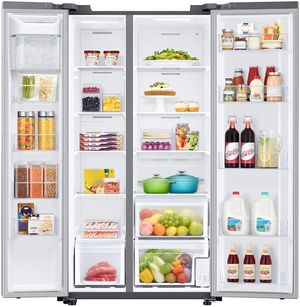 front view of the opened and stocked Samsung 22.6 Cu. Ft. Fingerprint Resistant Stainless Steel Counter Depth Side-by-Side Refrigerator