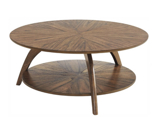 front view of the Era Cocktail Table, a two-level, wooden, round, contemporary cocktail table