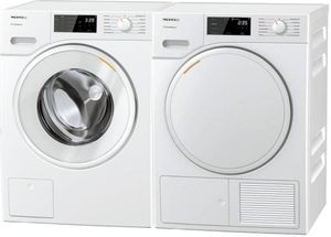 front view of the Front Load White Laundry Pair with WXD160WCS 24" Smart Classic Washer and TXD160WP 24" Electric Solid Door Dryer