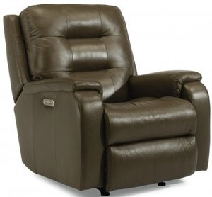 front view of the Flexsteel® Arlo Dark Stone Power Rocking Recliner with Power Headrest and Lumbar