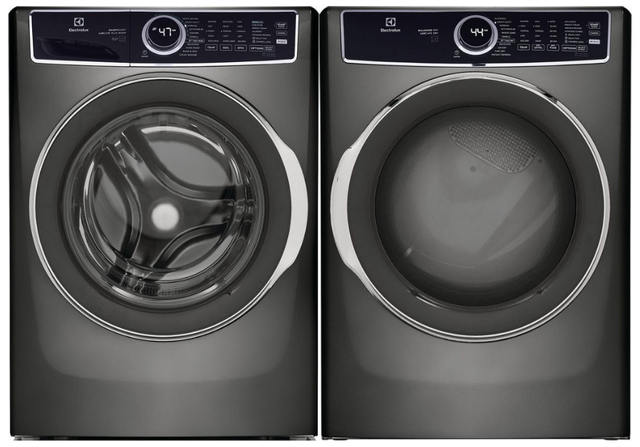 grey front load washer and dryer