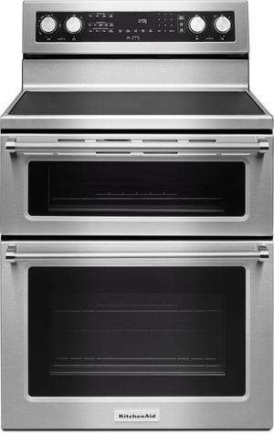 front view of the KitchenAid® 30" Stainless Steel Free Standing Electric Double Oven Range