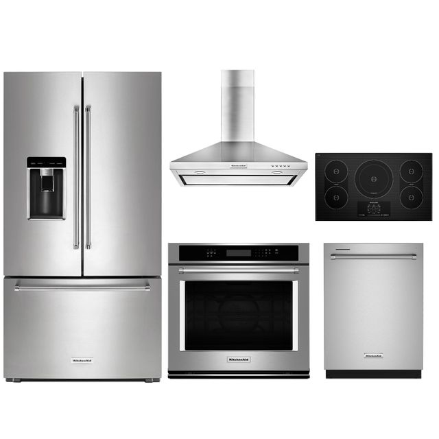 Stock image of a 5 piece stainless steel KitchenAid appliance package.