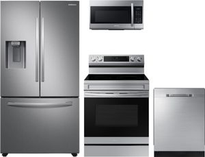 Samsung 4 Piece Kitchen Package-Stainless Steel featuring a French door refrigerator, electric range, built in dishwasher and microwave