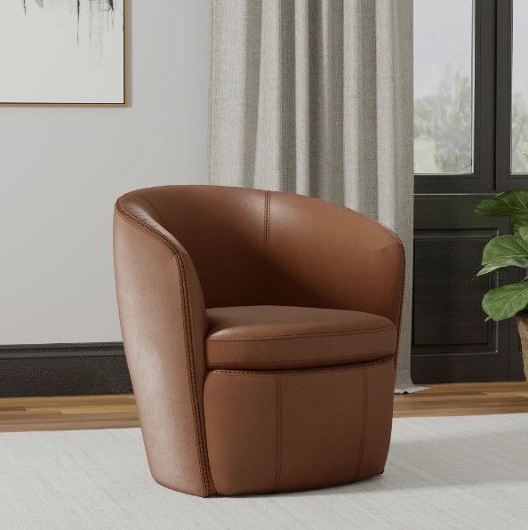 front view of a contemporary brown swivel chair in a modern room