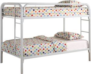 front left view of the Playhouse Twin Over Twin Bunk Bed (White), a white metal frame bunk bed