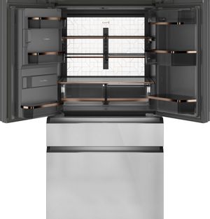 front view of the opened Café™ 22.3 Cu. Ft. Platinum Glass Counter Depth French Door Refrigerator