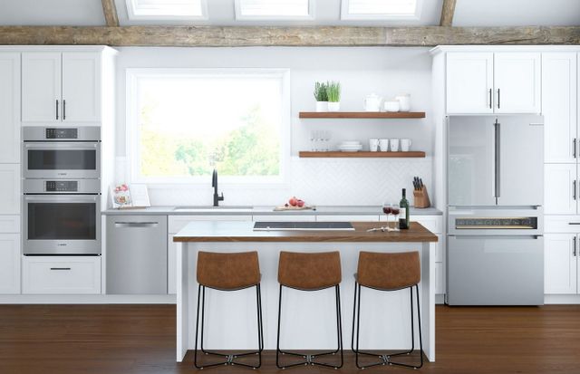 modern white kitchen with bosch refrigerator