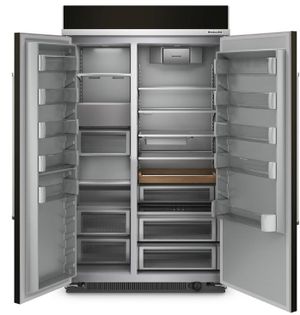 front view of an opened KitchenAid® 48 in. 30 Cu. Ft. PrintShield™ Finish Black Stainless Steel Built In Counter Depth Side-by-Side Refrigerator