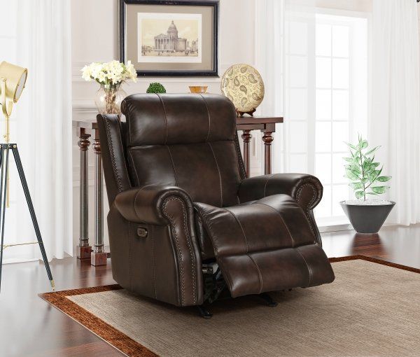front view of a brown leather traditional style recliner