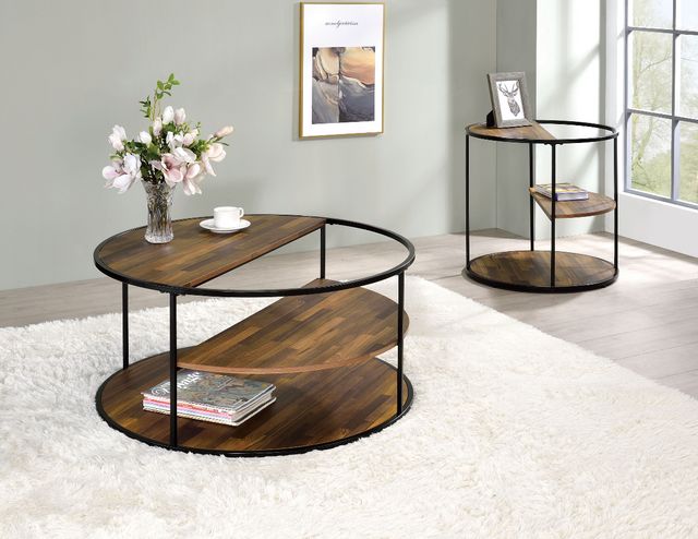 front view of an instustrial style round coffee table with three levels