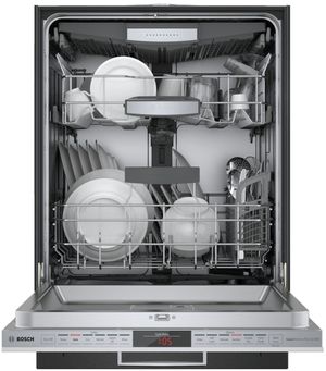front view of an opened Bosch® 800 Series DLX 24" Custom Panel Built In Dishwasher