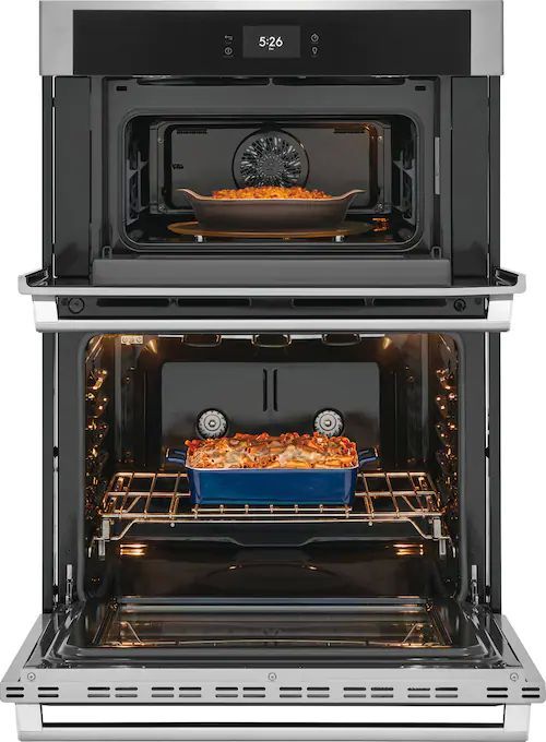 wall oven with doors ajar and digital screen