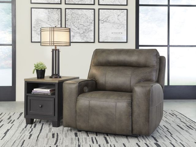 front view of a brown recliner in a modern living room with thoughtfully coordinated colors