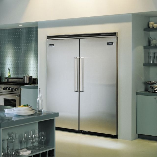 Viking column refrigerator installed next to a Viking freezer in a luxury kitchen