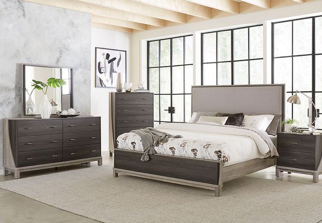 front view of a modern bedroom with two-toned matching furniture set, and a wall of windows