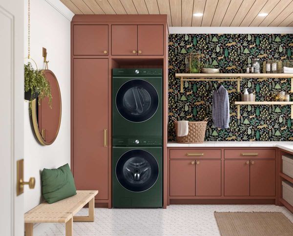 Laundry Room Featuring Samsung Bespoke 8900 Series Forest Green Front Load Laundry Pair