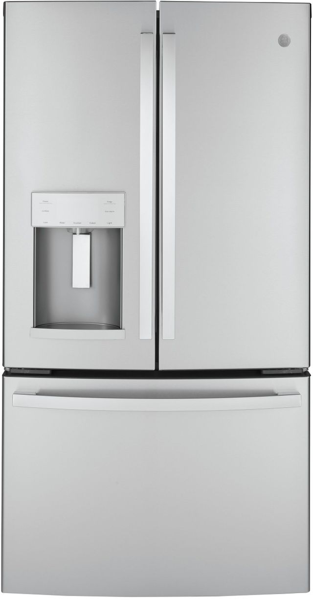 Stainless steel GE French door refrigerator with doors closed
