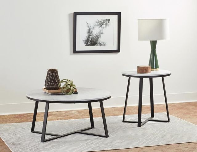 front view of the Jodi Cocktail Table, a modern white marble coffee table and matching side table with accent decor on top of both