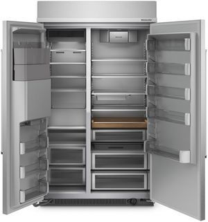 KitchenAid Stainless Steel with PrintShiel Finish Built In Counter Depth Side-by-Side Refrigerator Doors Wide Open