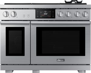 Dacor-Transitional-48-Silver-Stainless-Pro-Style-Dual-Fuel-Natural-Gas-Liquid-Propane-Range front view of the Dacor® Transitional 48" Silver Stainless Pro Style Dual Fuel Natural Gas/Liquid Propane Range