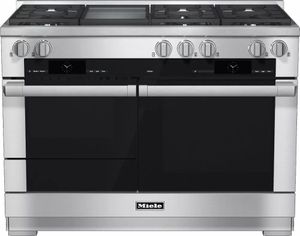 front view of the Miele HR 1956-2 G 48" Clean Touch Steel Pro Style Dual Fuel Natural Gas Range